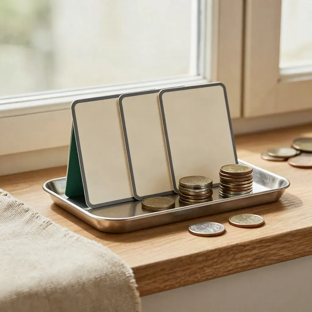 Three fund cards in a tray with coin stacks and linen by a bright window.