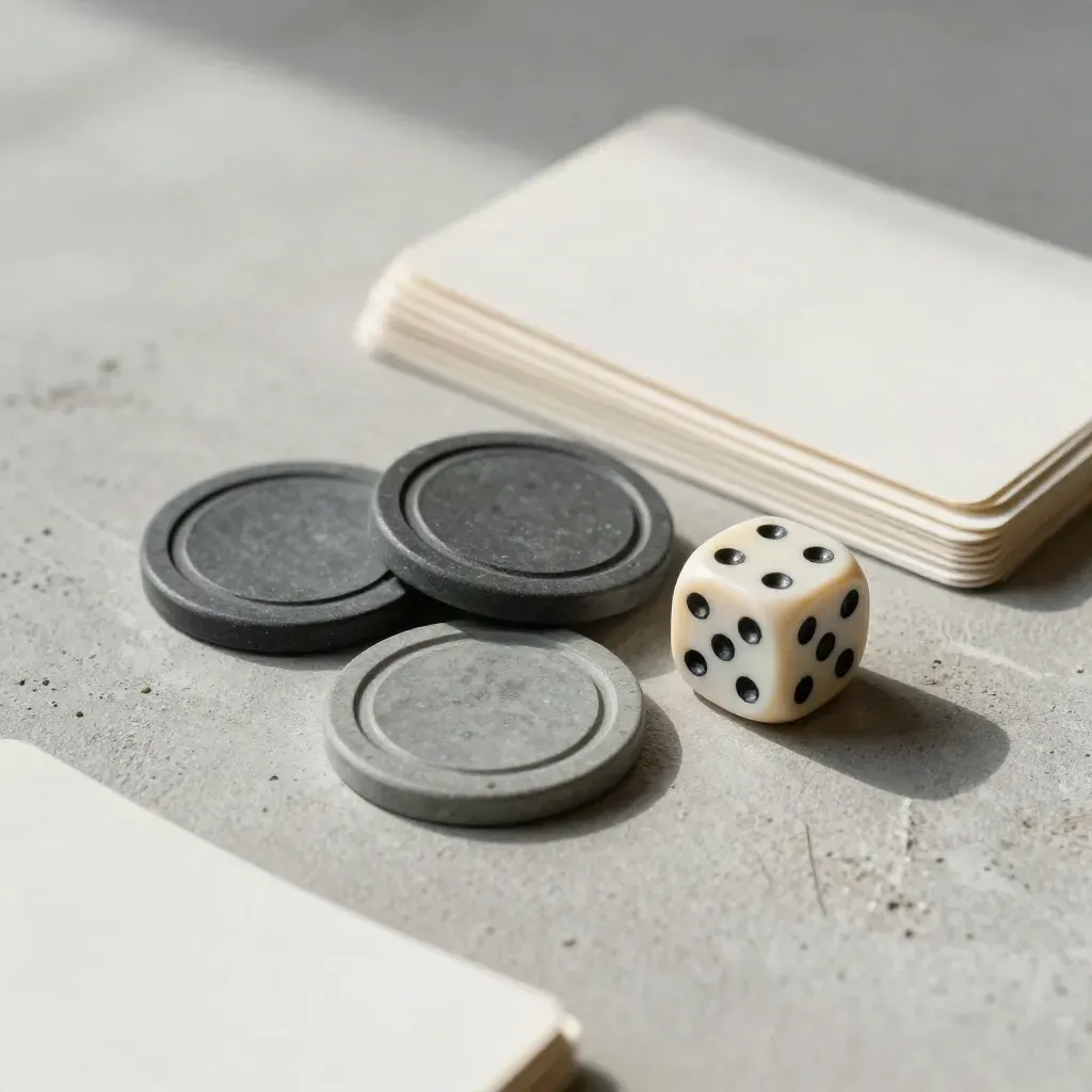 Top-down risk quiz cards, three chips, and a die on pale concrete