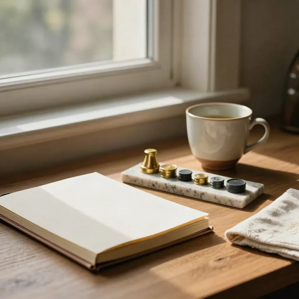 Closed notebook, ceramic cup, and sorted tokens on a sunlit oak desk by the window.