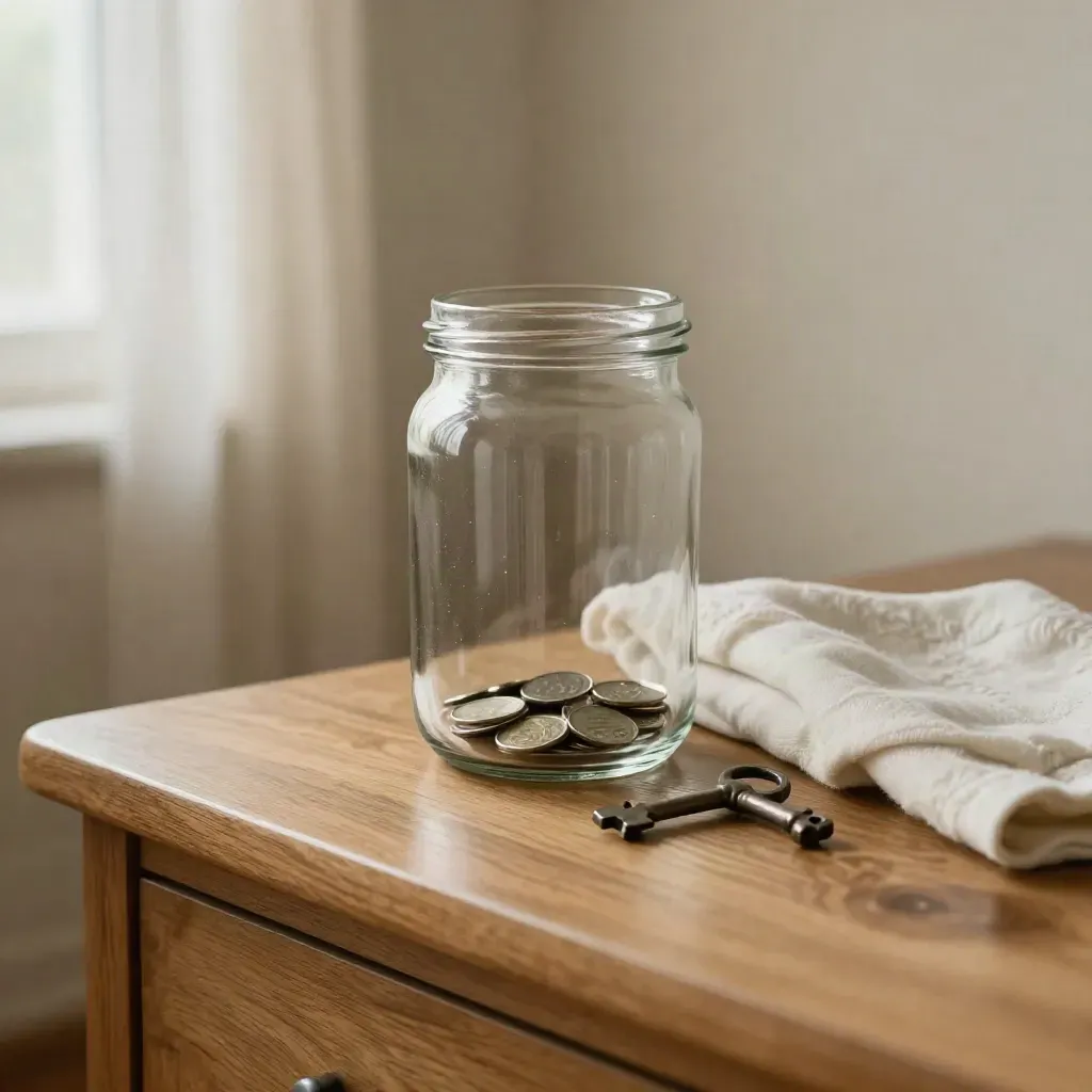 Glass jar, wool cloth, coins and a key on an oak sideboard in soft window light.