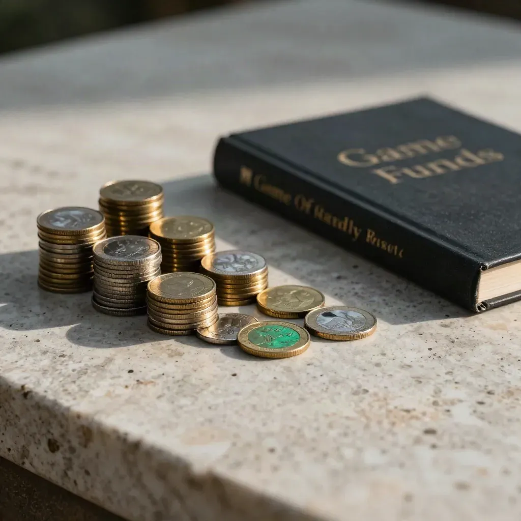 Coin stacks, guidebook, and three tokens on pale stone in a quiet monthly reset scene.