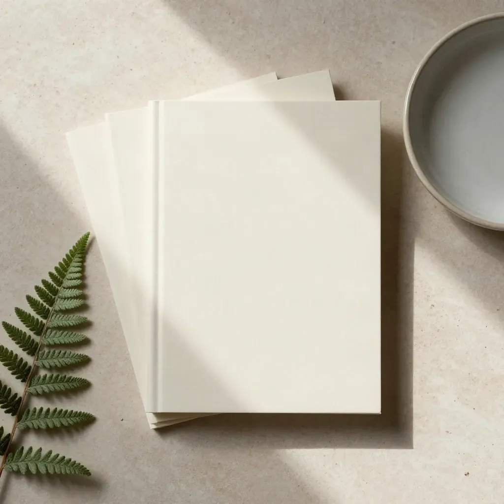 Ivory guidebook, stacked cards, fern, and ceramic dish on stone in a top-down flatlay.